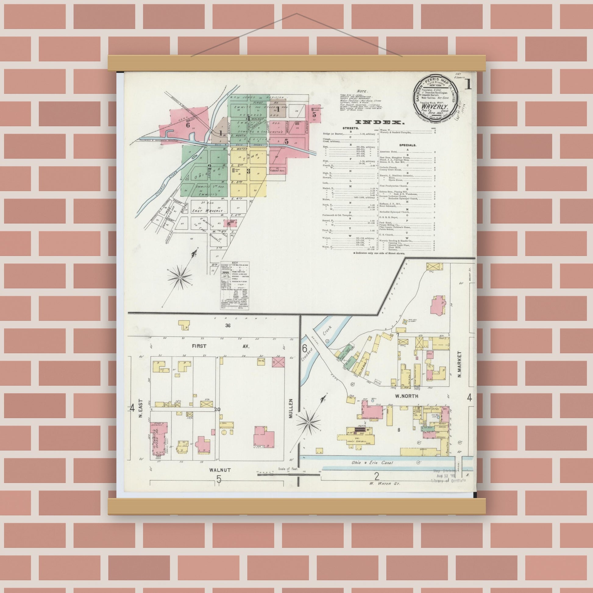 Old map wall art mockup — magnetic wood frame on brick wall — Sanborn Fire Insurance Map from Waverly, Pike County, Ohio (1897), Sheet #0001