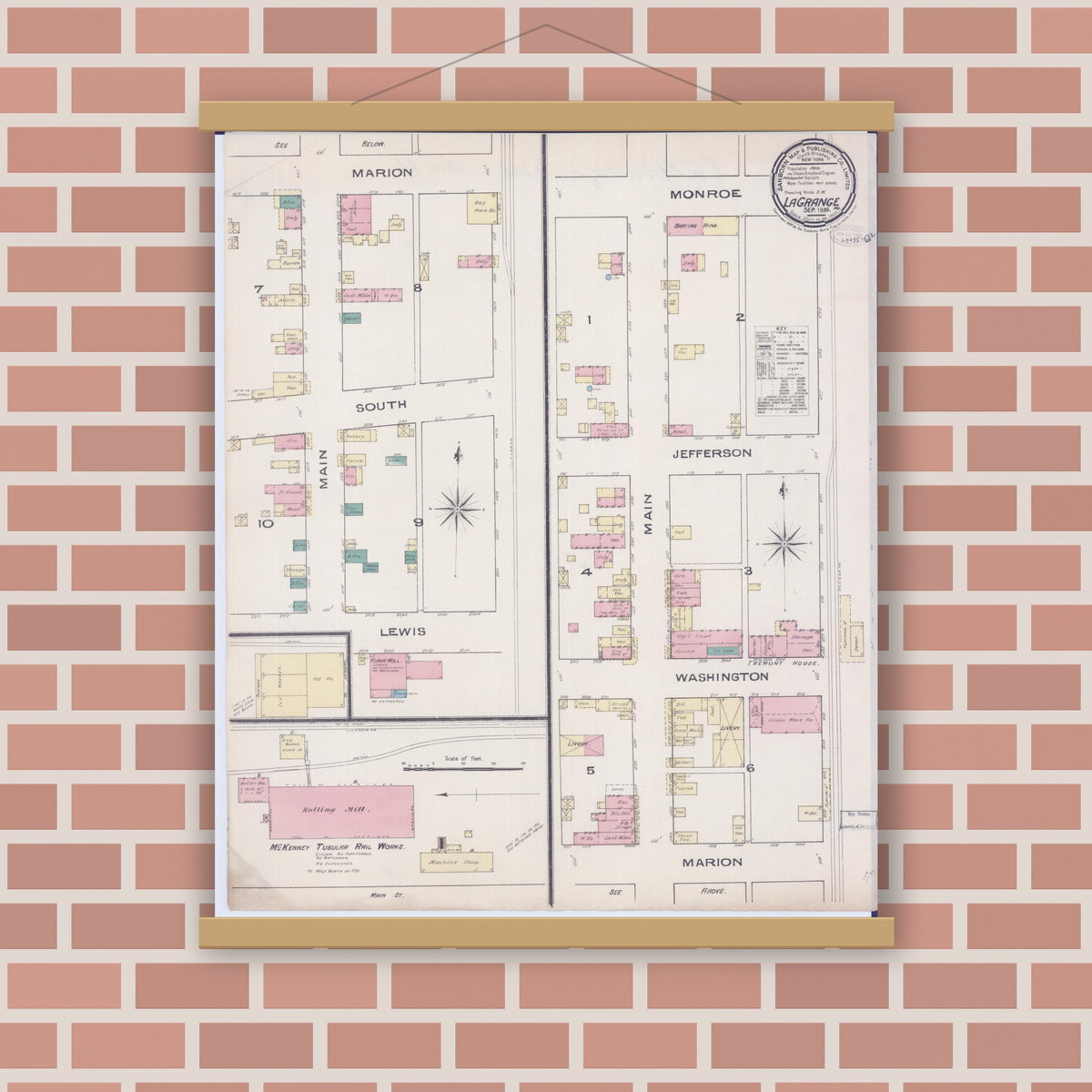 Old map wall art mockup — magnetic wood frame on brick wall — Sanborn Fire Insurance Map from La Grange, Lewis County, Missouri (1885), Sheet #0001
