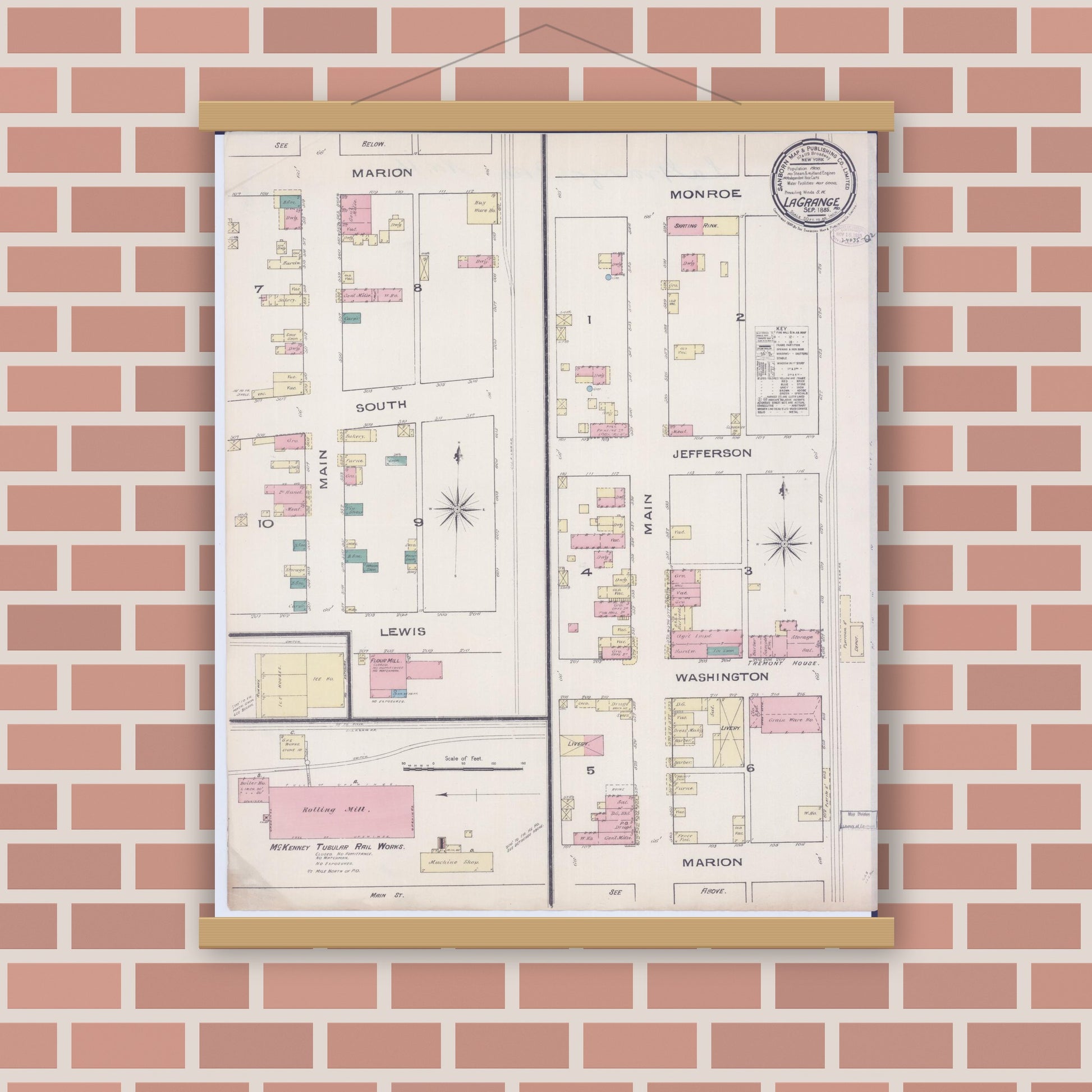 Old map wall art mockup — magnetic wood frame on brick wall — Sanborn Fire Insurance Map from La Grange, Lewis County, Missouri (1885), Sheet #0001