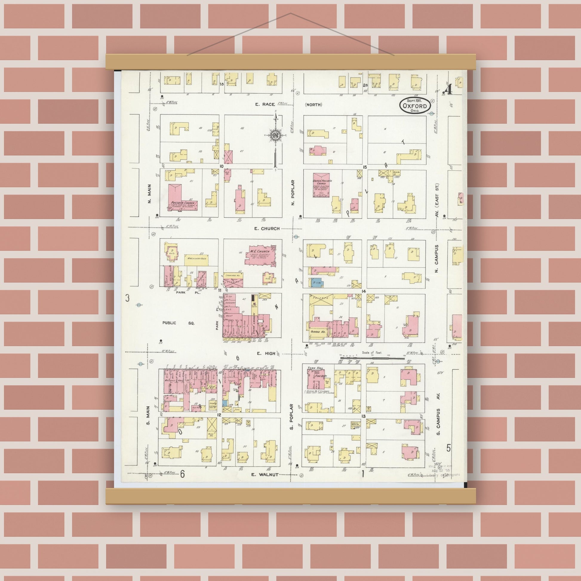 Old map wall art mockup — magnetic wood frame on brick wall — Sanborn Fire Insurance Map from Oxford, Butler County, Ohio (1911), Sheet #0004