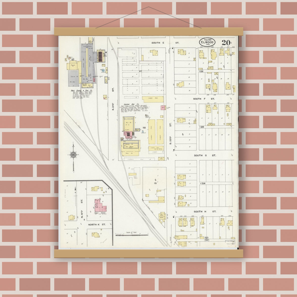 Old map wall art mockup — magnetic wood frame on brick wall — Sanborn Fire Insurance Map from Elwood, Madison County, Indiana (1910), Sheet #0020