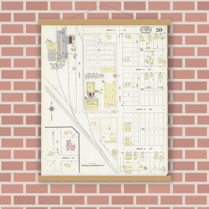 Old map wall art mockup — magnetic wood frame on brick wall — Sanborn Fire Insurance Map from Elwood, Madison County, Indiana (1910), Sheet #0020