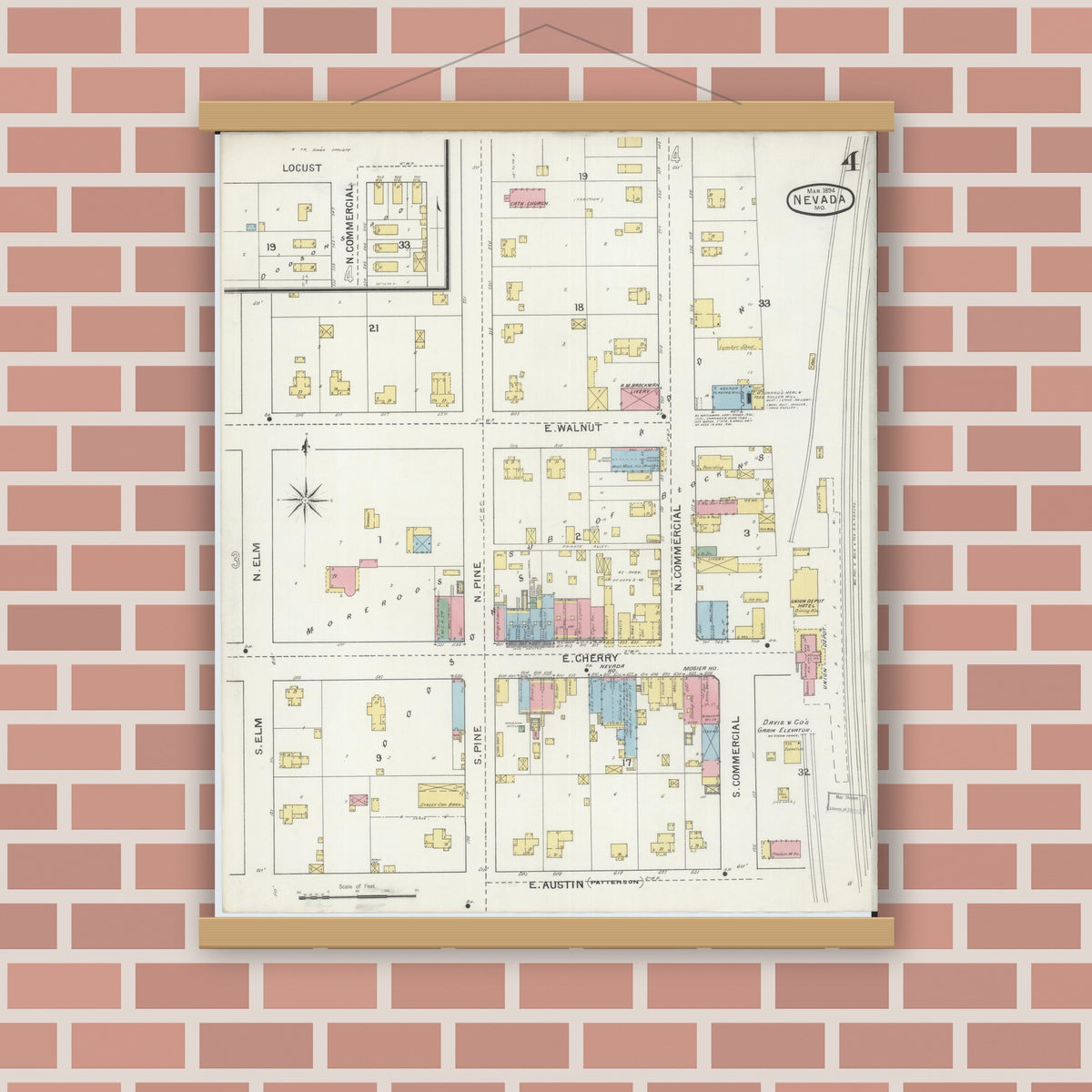 Old map wall art mockup — magnetic wood frame on brick wall — Sanborn Fire Insurance Map from Nevada, Vernon County, Missouri (1894), Sheet #0004