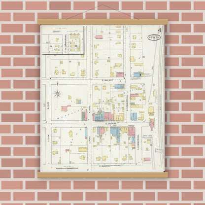 Old map wall art mockup — magnetic wood frame on brick wall — Sanborn Fire Insurance Map from Nevada, Vernon County, Missouri (1894), Sheet #0004