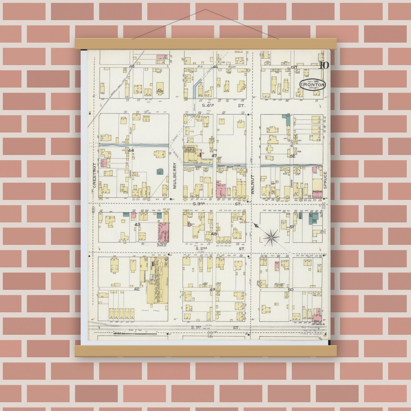Old map wall art mockup — magnetic wood frame on brick wall — Sanborn Fire Insurance Map from Ironton, Lawrence County, Ohio (1893), Sheet #0010