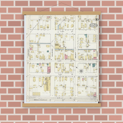 Old map wall art mockup — magnetic wood frame on brick wall — Sanborn Fire Insurance Map from Ironton, Lawrence County, Ohio (1893), Sheet #0010