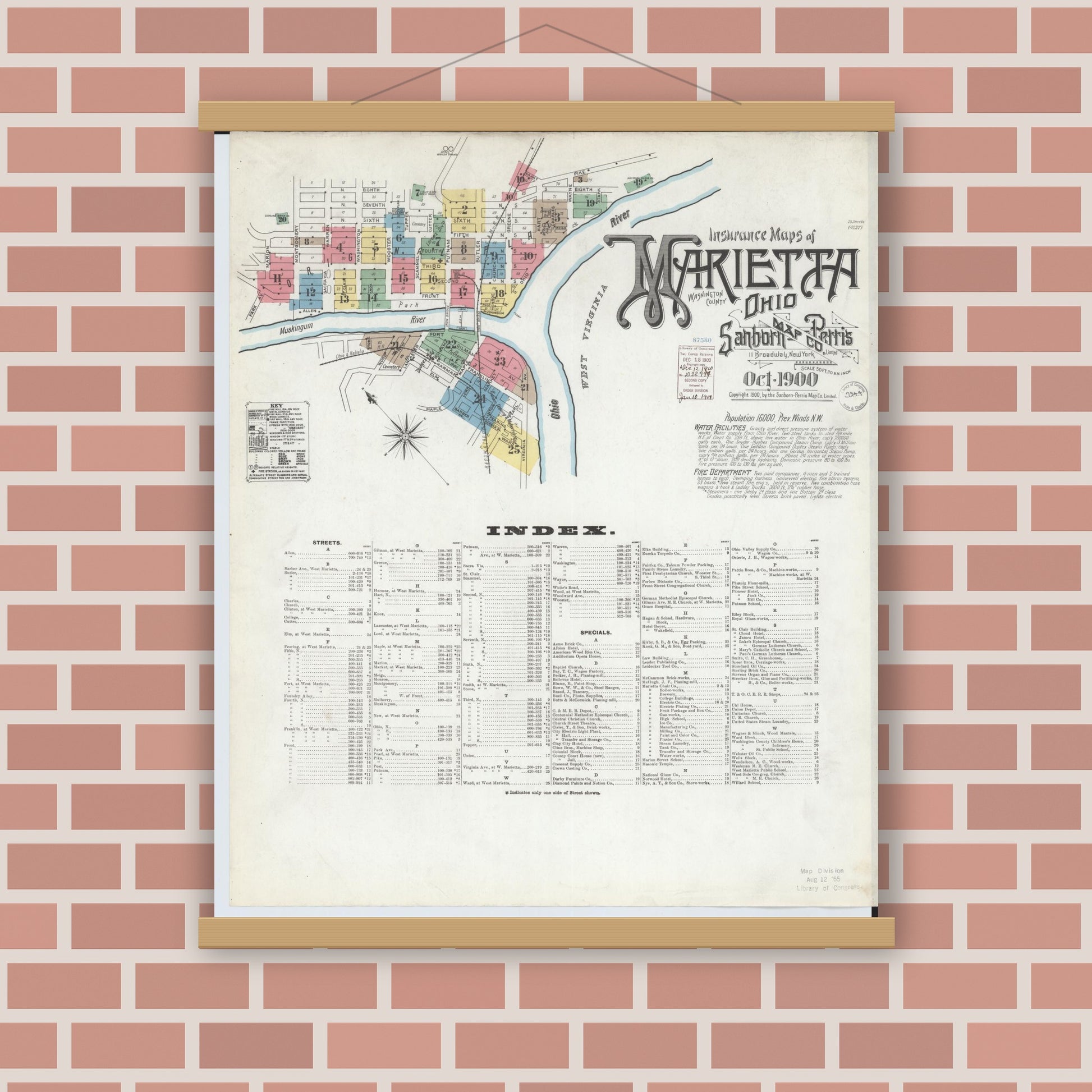 Old map wall art mockup — magnetic wood frame on brick wall — Sanborn Fire Insurance Map from Marietta, Washington County, Ohio (1900) - Complete Map Set