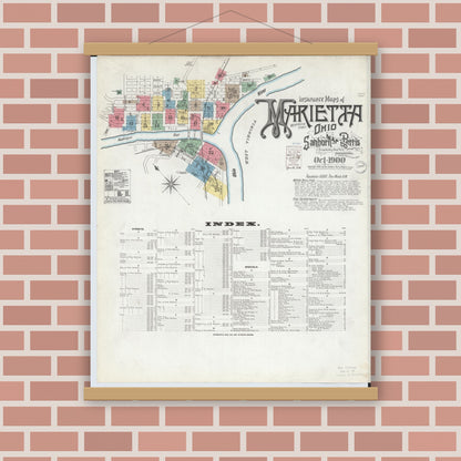 Old map wall art mockup — magnetic wood frame on brick wall — Sanborn Fire Insurance Map from Marietta, Washington County, Ohio (1900) - Complete Map Set