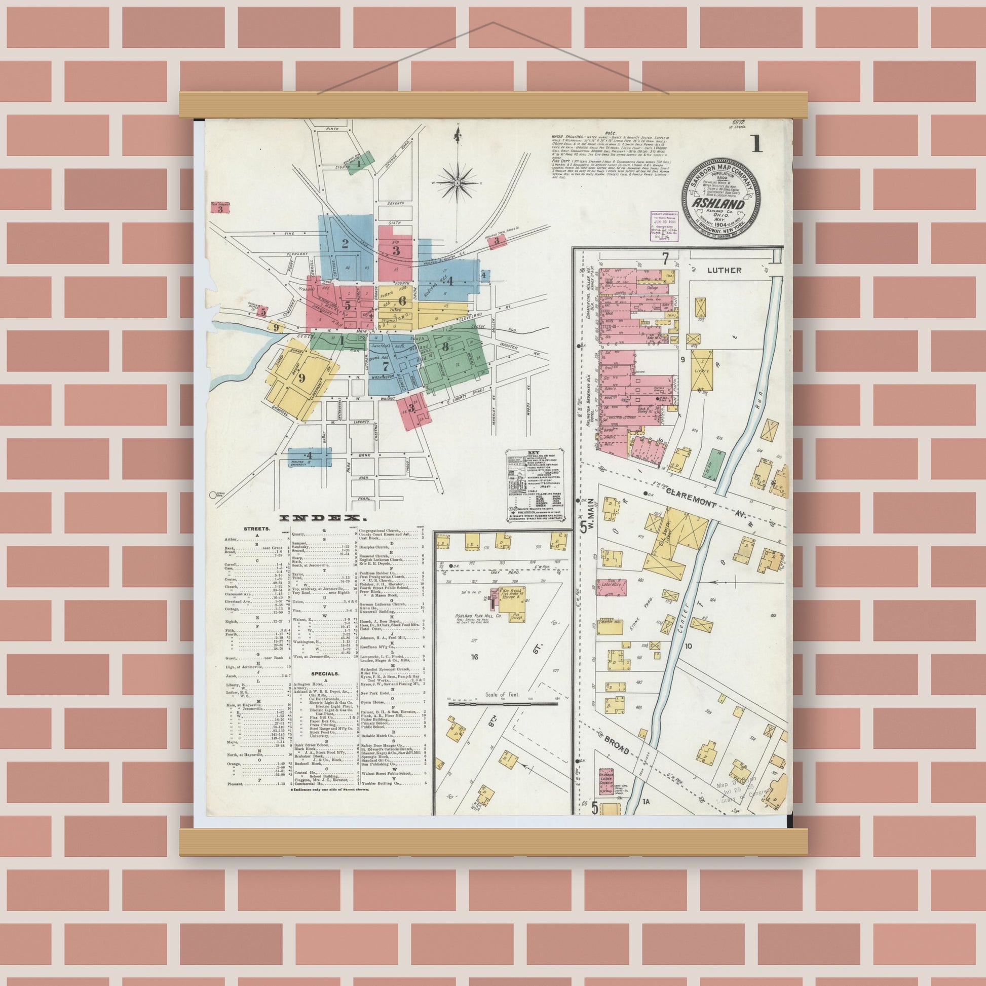Old map wall art mockup — magnetic wood frame on brick wall — Sanborn Fire Insurance Map from Ashland, Ashland County, Ohio (1904), Sheet #0001