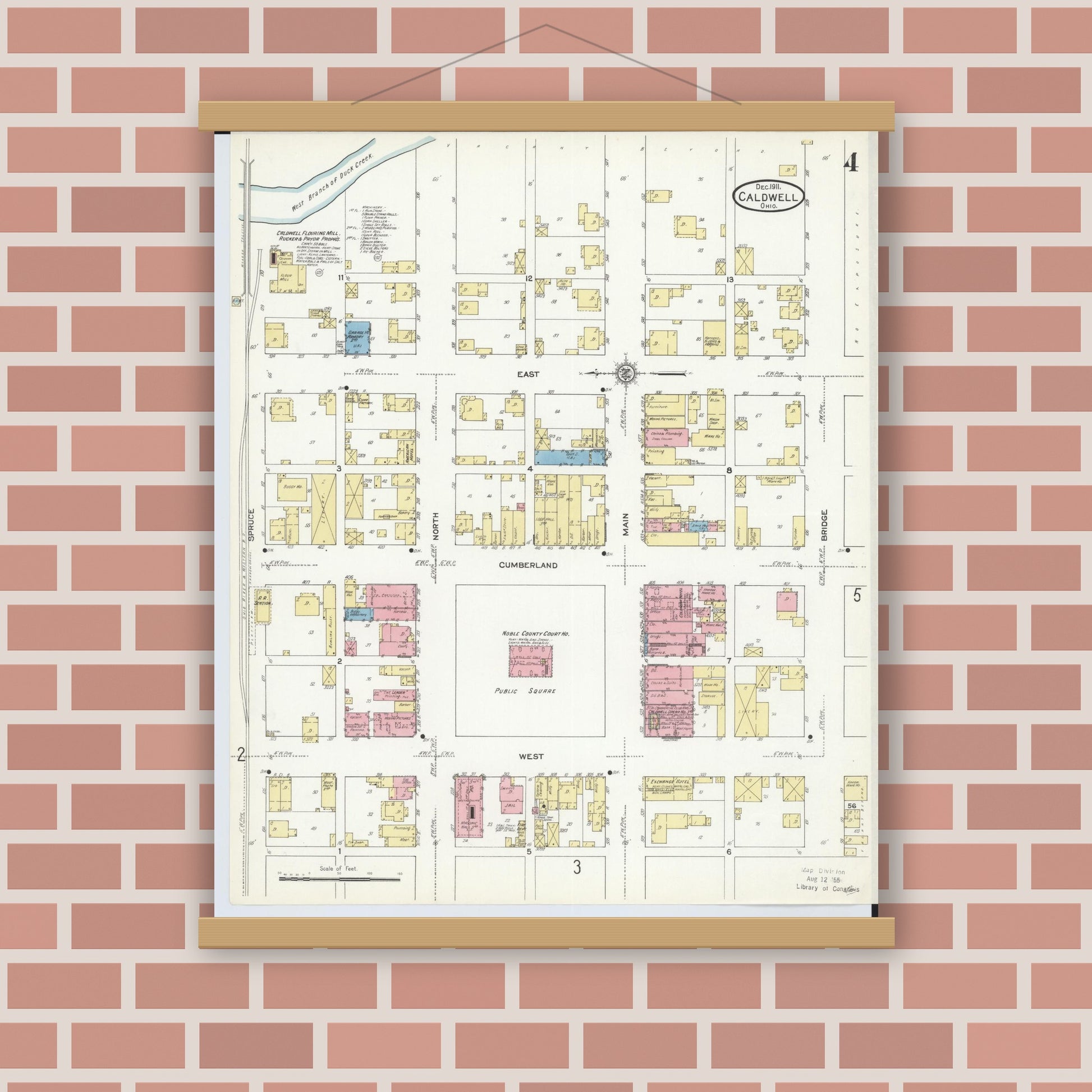 Old map wall art mockup — magnetic wood frame on brick wall — Sanborn Fire Insurance Map from Caldwell, Noble County, Ohio (1911), Sheet #0004