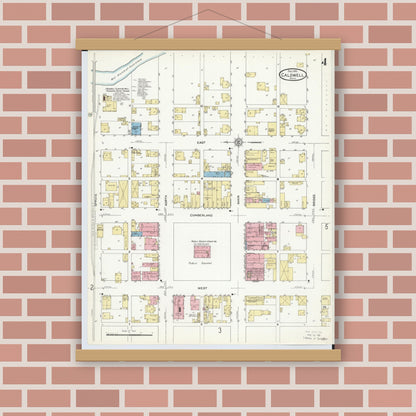 Old map wall art mockup — magnetic wood frame on brick wall — Sanborn Fire Insurance Map from Caldwell, Noble County, Ohio (1911), Sheet #0004