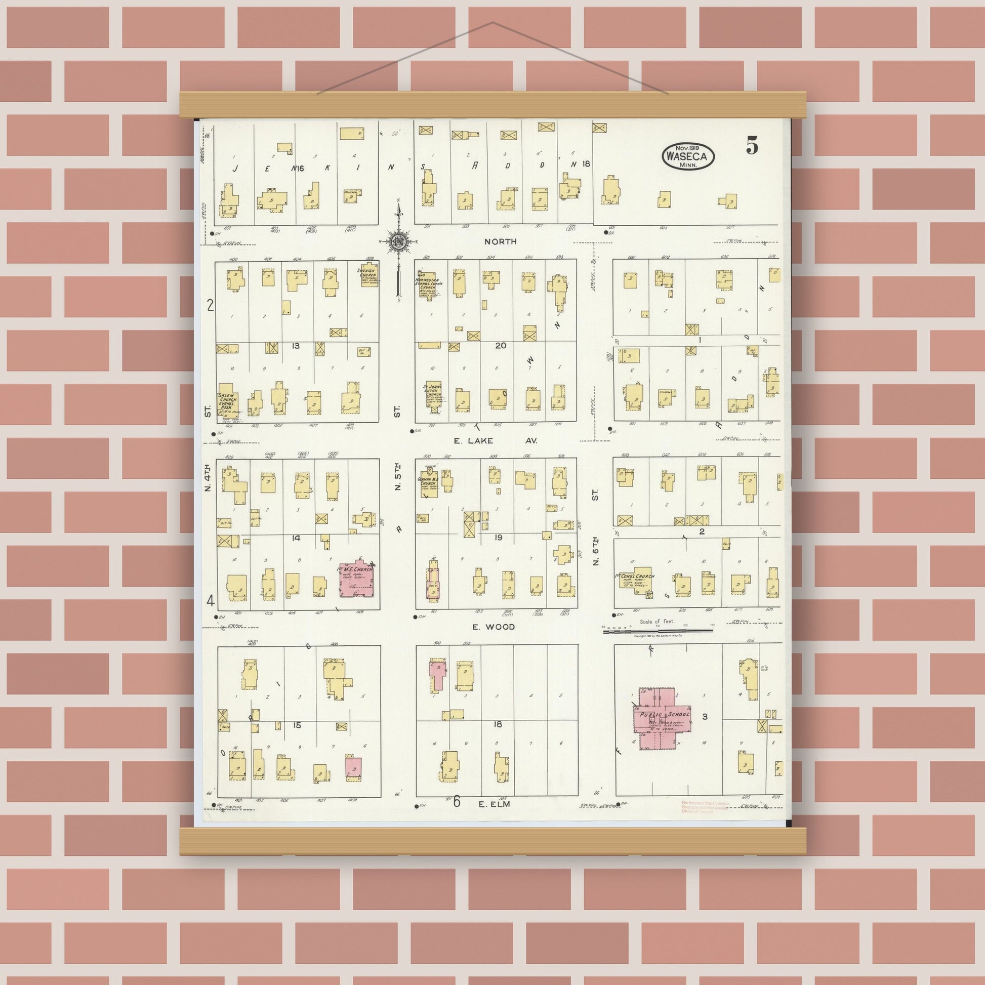 Old map wall art mockup — magnetic wood frame on brick wall — Sanborn Fire Insurance Map from Waseca, Waseca County, Minnesota (1919), Sheet #0005