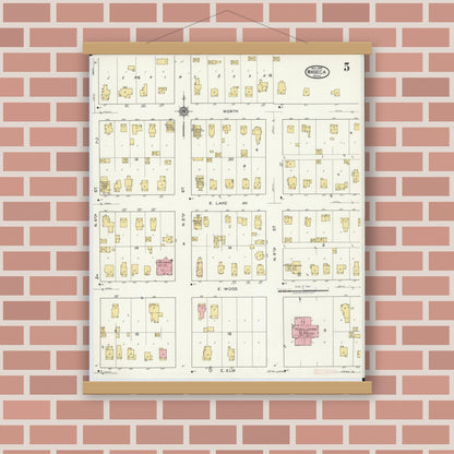 Old map wall art mockup — magnetic wood frame on brick wall — Sanborn Fire Insurance Map from Waseca, Waseca County, Minnesota (1919), Sheet #0005