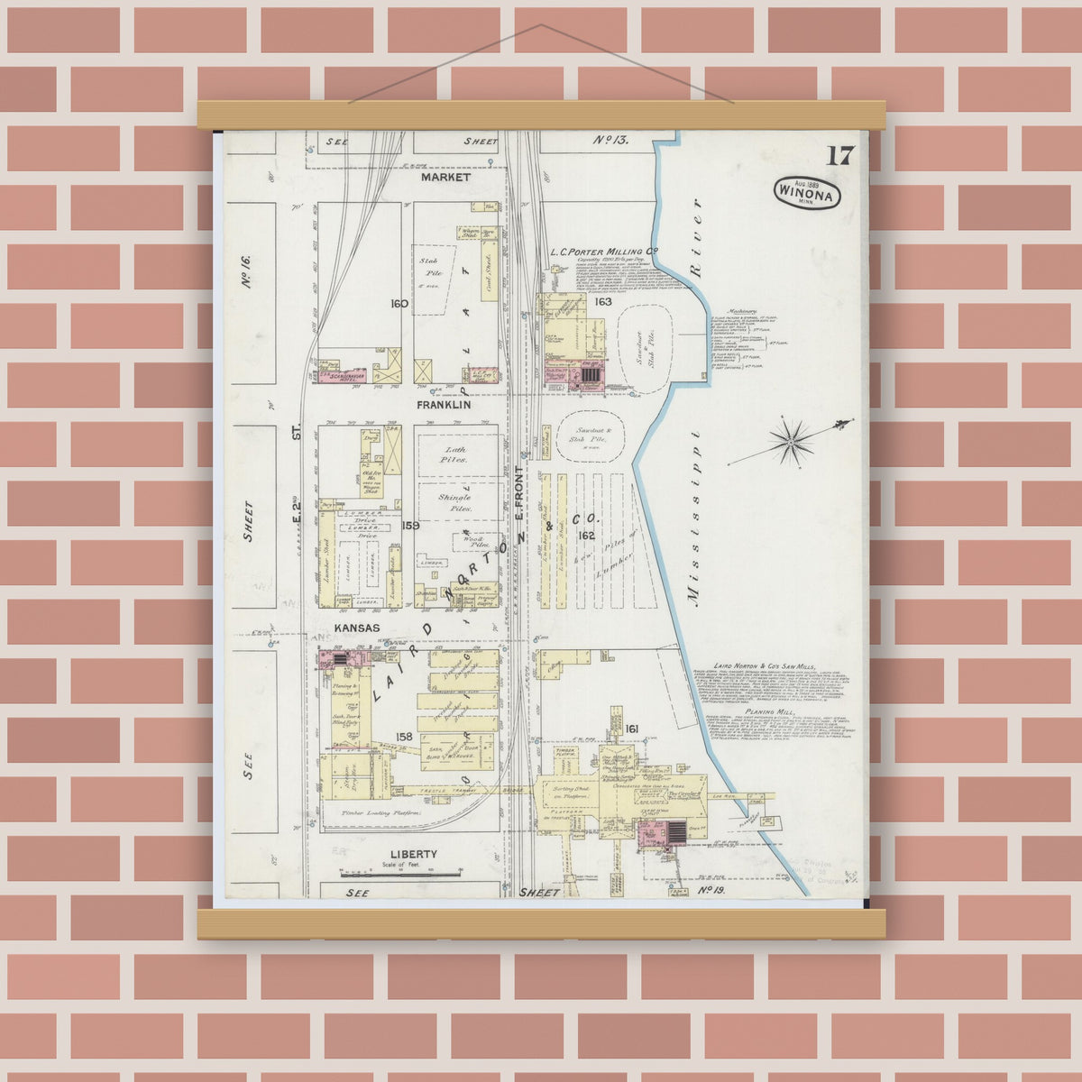 Old map wall art mockup — magnetic wood frame on brick wall — Sanborn Fire Insurance Map from Winona, Winona County, Minnesota (1889), Sheet #0017