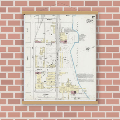 Old map wall art mockup — magnetic wood frame on brick wall — Sanborn Fire Insurance Map from Winona, Winona County, Minnesota (1889), Sheet #0017