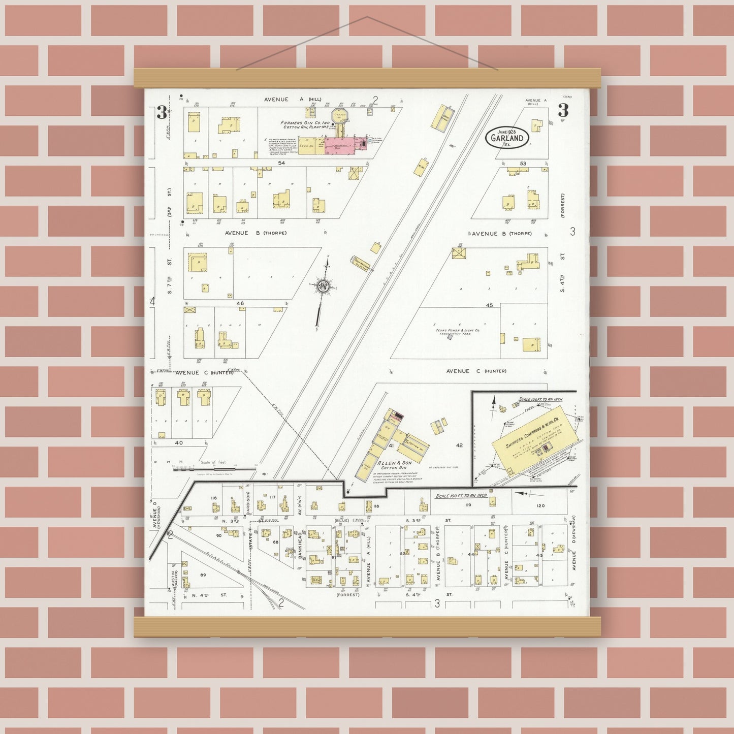 Old map wall art mockup — magnetic wood frame on brick wall — Sanborn Fire Insurance Map from Garland, Dallas County, Texas (1928), Sheet #0003