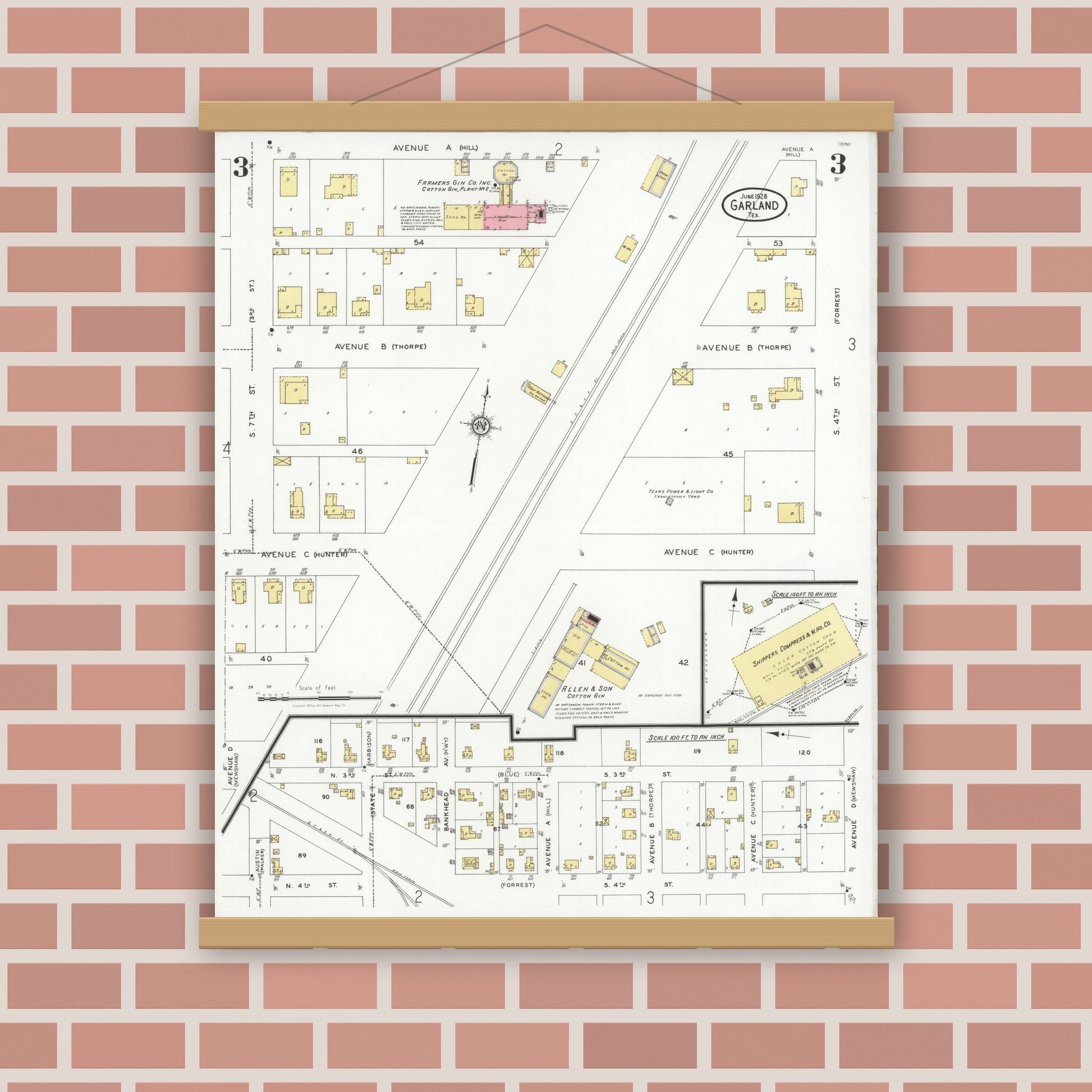 Old map wall art mockup — magnetic wood frame on brick wall — Sanborn Fire Insurance Map from Garland, Dallas County, Texas (1928), Sheet #0003