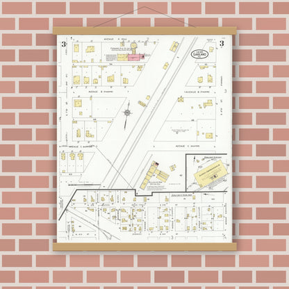 Old map wall art mockup — magnetic wood frame on brick wall — Sanborn Fire Insurance Map from Garland, Dallas County, Texas (1928), Sheet #0003