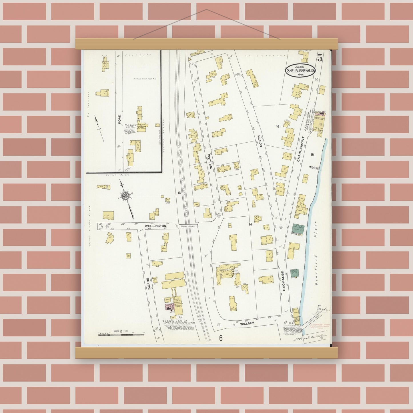 Old map wall art mockup — magnetic wood frame on brick wall — Sanborn Fire Insurance Map from Shelburne Falls, Franklin County, Massachusetts (1910), Sheet #0005