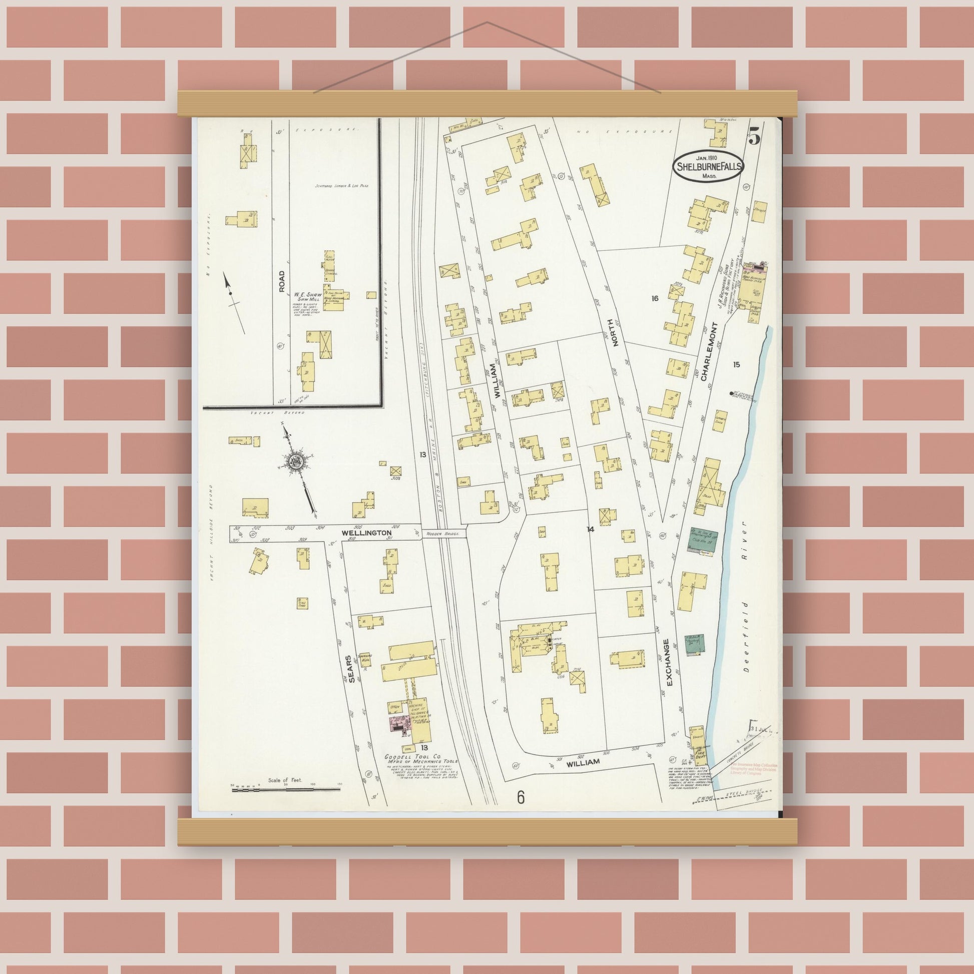 Old map wall art mockup — magnetic wood frame on brick wall — Sanborn Fire Insurance Map from Shelburne Falls, Franklin County, Massachusetts (1910), Sheet #0005
