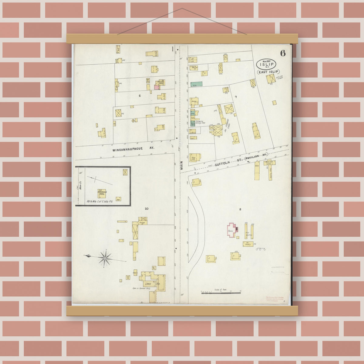 Old map wall art mockup — magnetic wood frame on brick wall — Sanborn Fire Insurance Map from Islip, Suffolk County, New York (1897), Sheet #0006