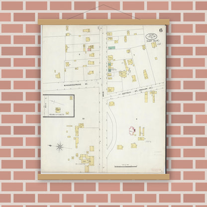 Old map wall art mockup — magnetic wood frame on brick wall — Sanborn Fire Insurance Map from Islip, Suffolk County, New York (1897), Sheet #0006