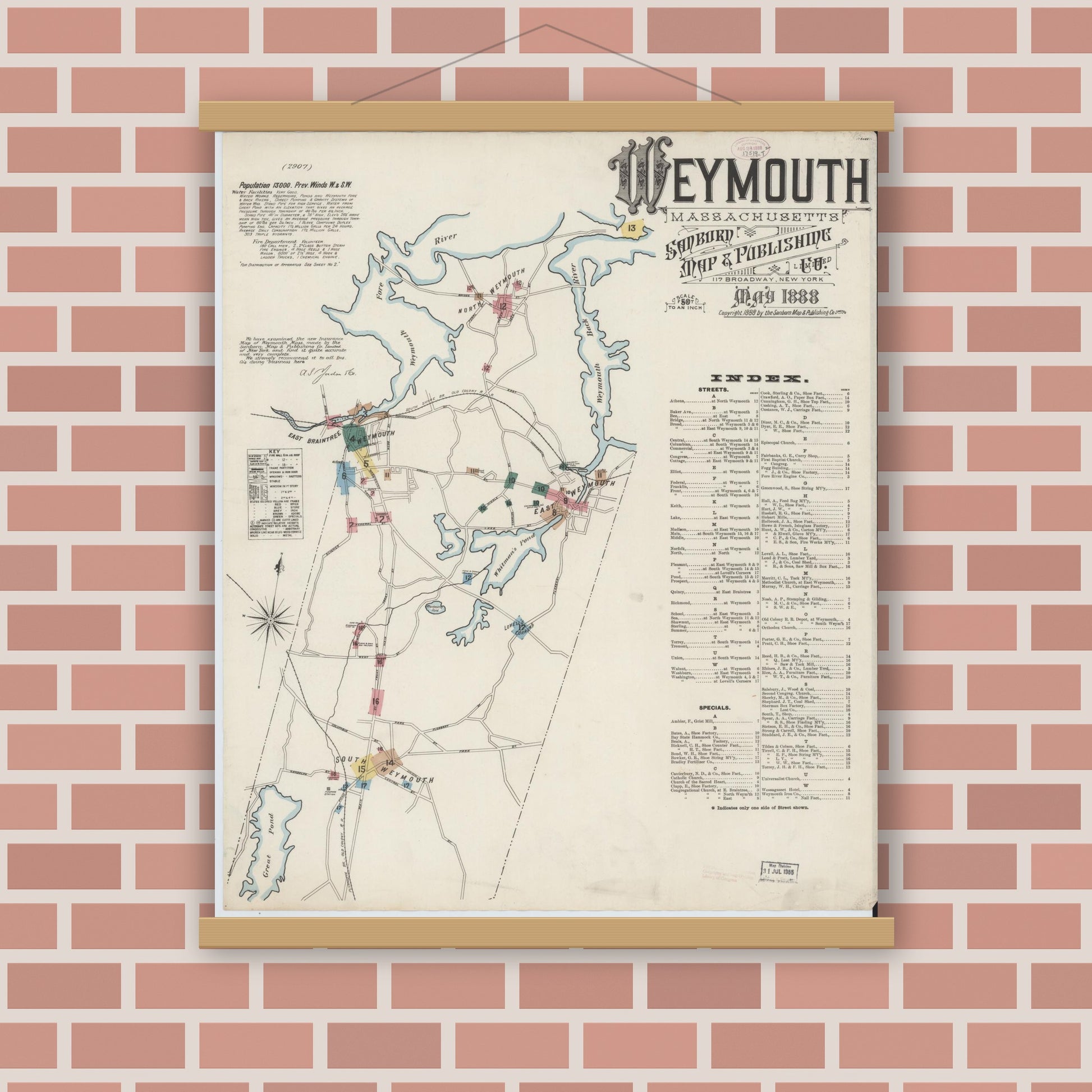 Old map wall art mockup — magnetic wood frame on brick wall — Sanborn Fire Insurance Map from Weymouth, Norfolk County, Massachusetts (1888) - Complete Map Set