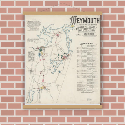 Old map wall art mockup — magnetic wood frame on brick wall — Sanborn Fire Insurance Map from Weymouth, Norfolk County, Massachusetts (1888) - Complete Map Set