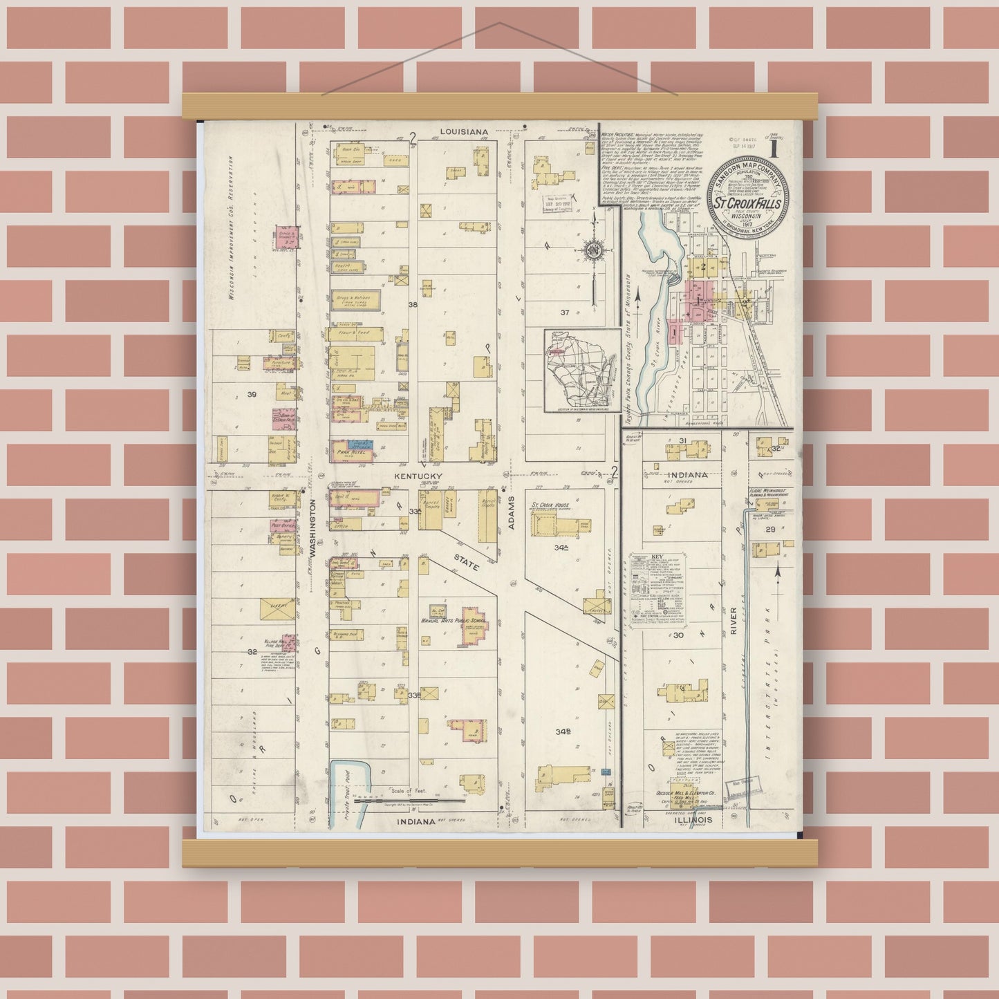 Old map wall art mockup — magnetic wood frame on brick wall — Sanborn Fire Insurance Map from Saint Croix Falls, Polk County, Wisconsin (1917) - Complete Map Set