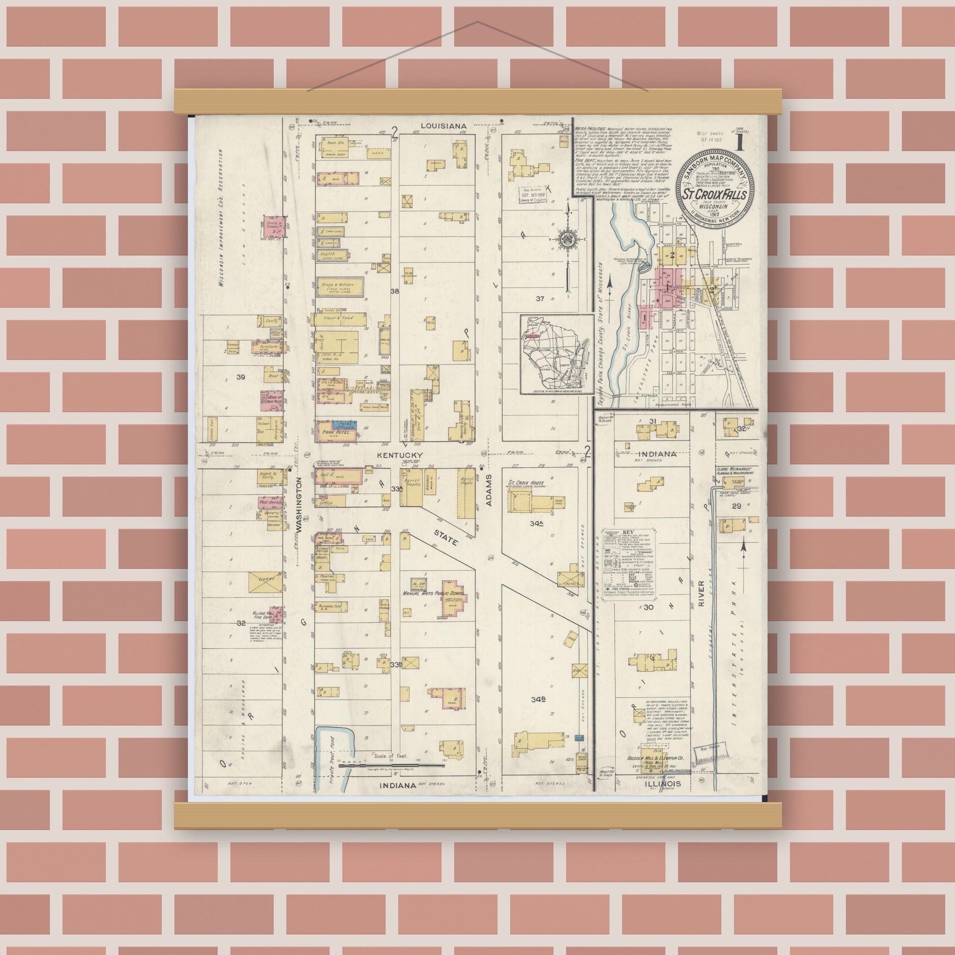 Old map wall art mockup — magnetic wood frame on brick wall — Sanborn Fire Insurance Map from Saint Croix Falls, Polk County, Wisconsin (1917) - Complete Map Set