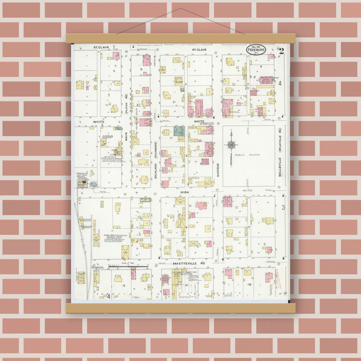 Old map wall art mockup — magnetic wood frame on brick wall — Sanborn Fire Insurance Map from Freeburg, Saint Clair County, Illinois (1910), Sheet #0002