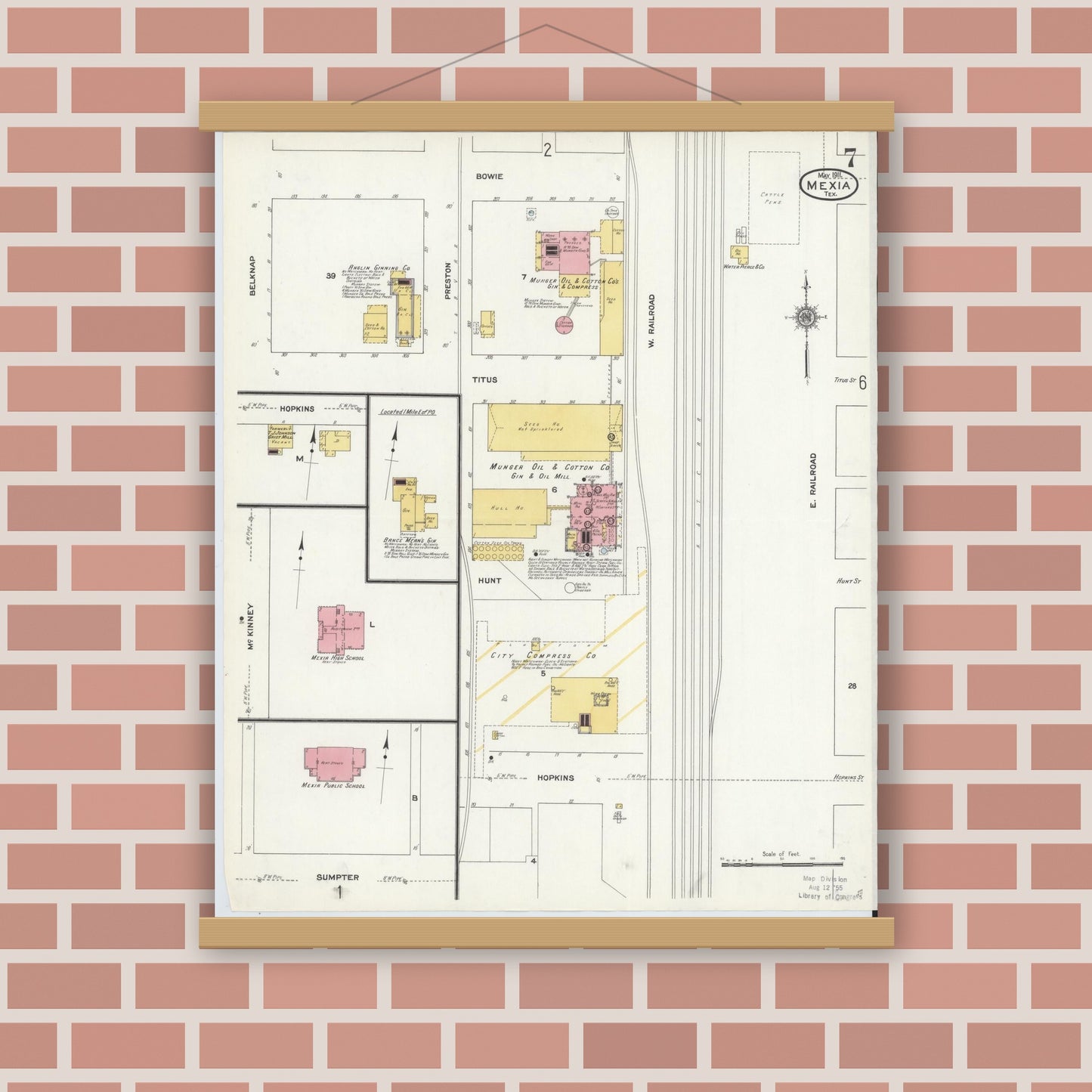 Old map wall art mockup — magnetic wood frame on brick wall — Sanborn Fire Insurance Map from Mexia, Limestone County, Texas (1911), Sheet #0007
