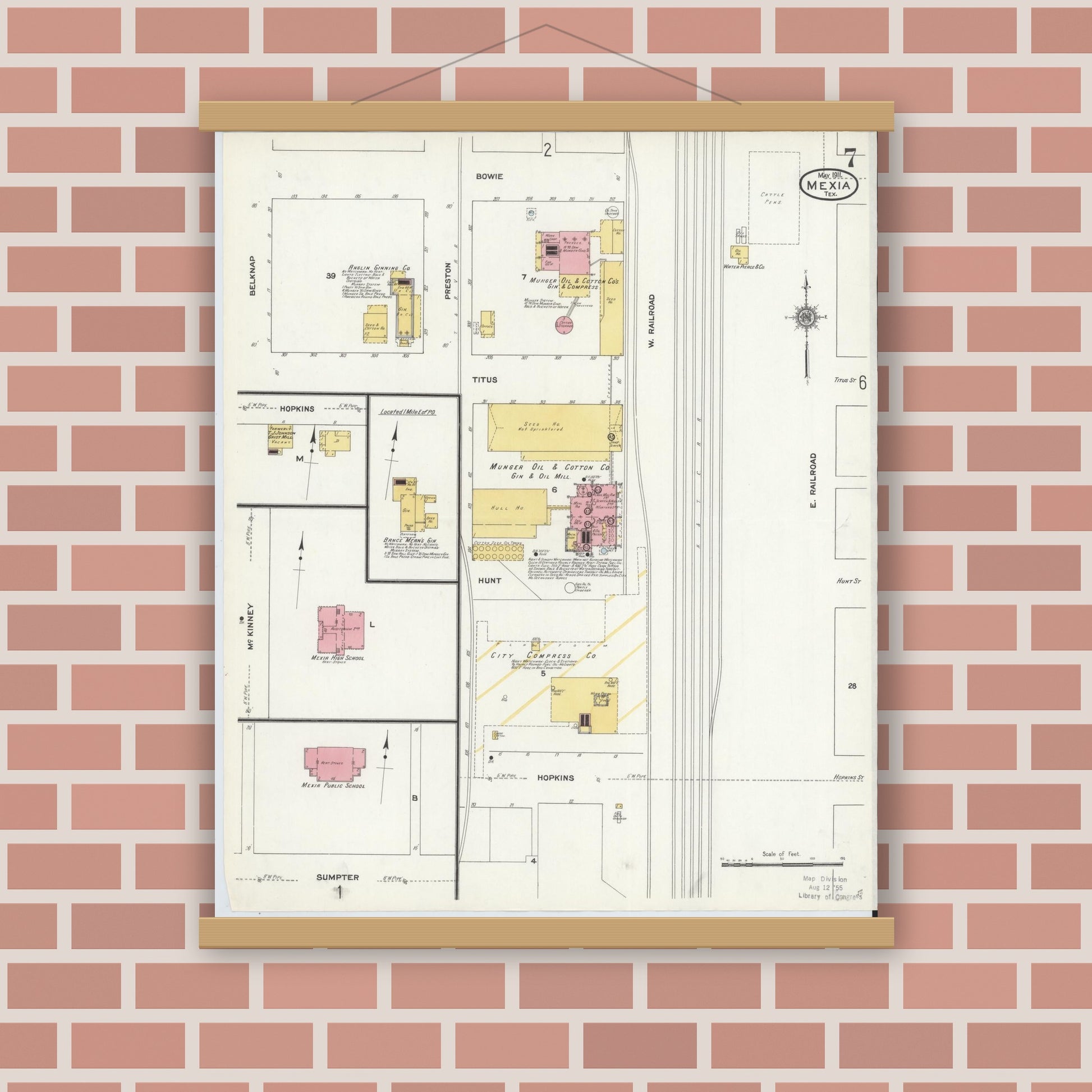 Old map wall art mockup — magnetic wood frame on brick wall — Sanborn Fire Insurance Map from Mexia, Limestone County, Texas (1911), Sheet #0007