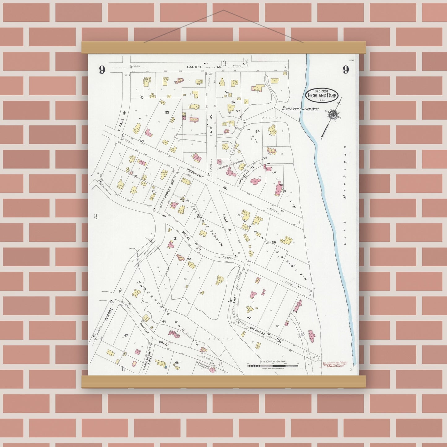 Old map wall art mockup — magnetic wood frame on brick wall — Sanborn Fire Insurance Map from Highland Park, Lake County, Illinois (1924), Sheet #0009