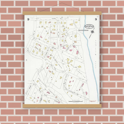 Old map wall art mockup — magnetic wood frame on brick wall — Sanborn Fire Insurance Map from Highland Park, Lake County, Illinois (1924), Sheet #0009