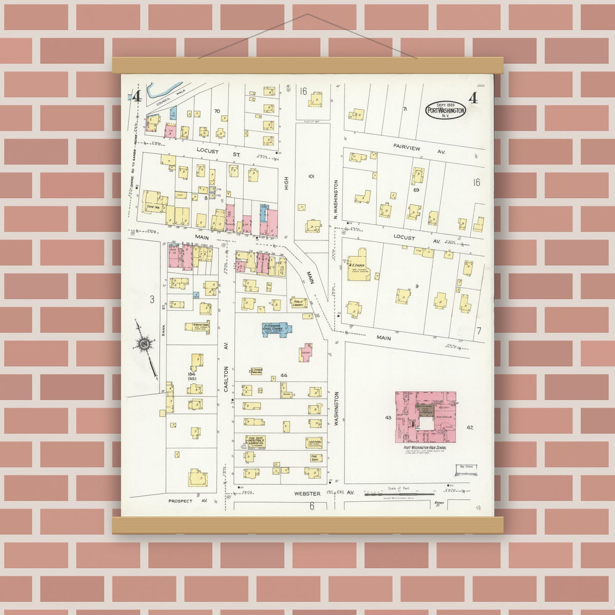 Old map wall art mockup — magnetic wood frame on brick wall — Sanborn Fire Insurance Map from Port Washington, Nassau County, New York (1925), Sheet #0004