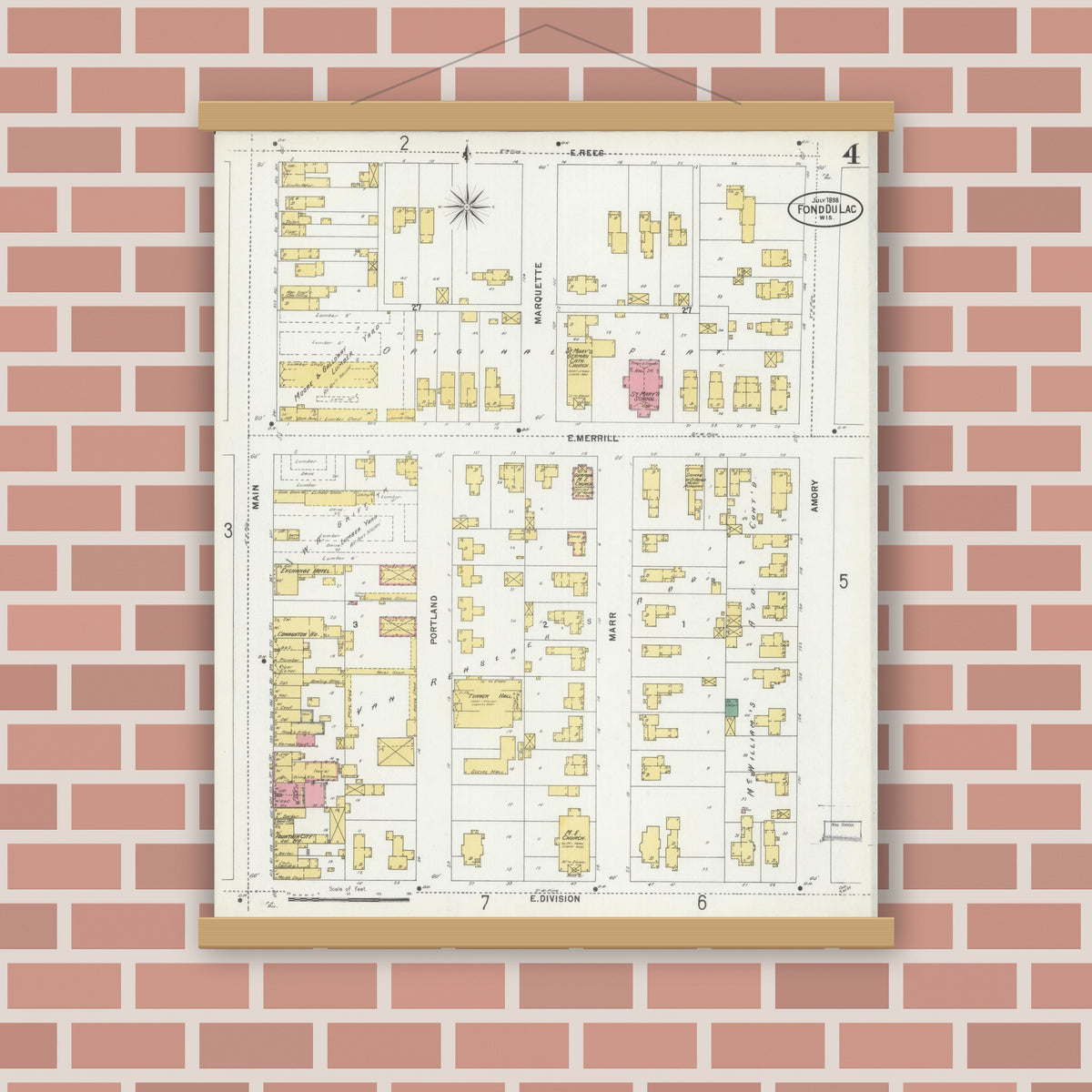 Old map wall art mockup — magnetic wood frame on brick wall — Sanborn Fire Insurance Map from Fond du Lac, Fond du Lac County, Wisconsin (1898), Sheet #0004