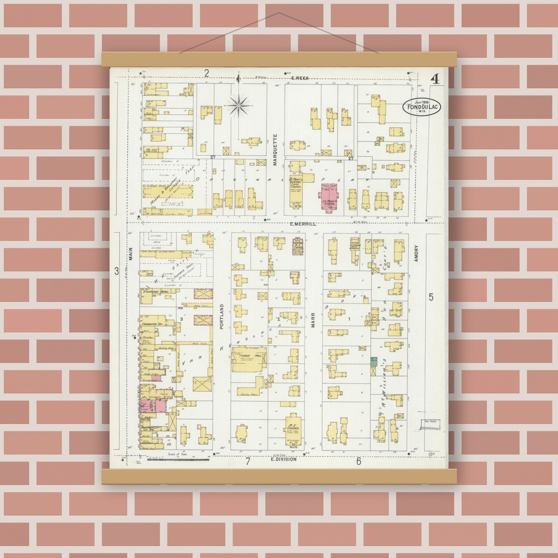 Old map wall art mockup — magnetic wood frame on brick wall — Sanborn Fire Insurance Map from Fond du Lac, Fond du Lac County, Wisconsin (1898), Sheet #0004