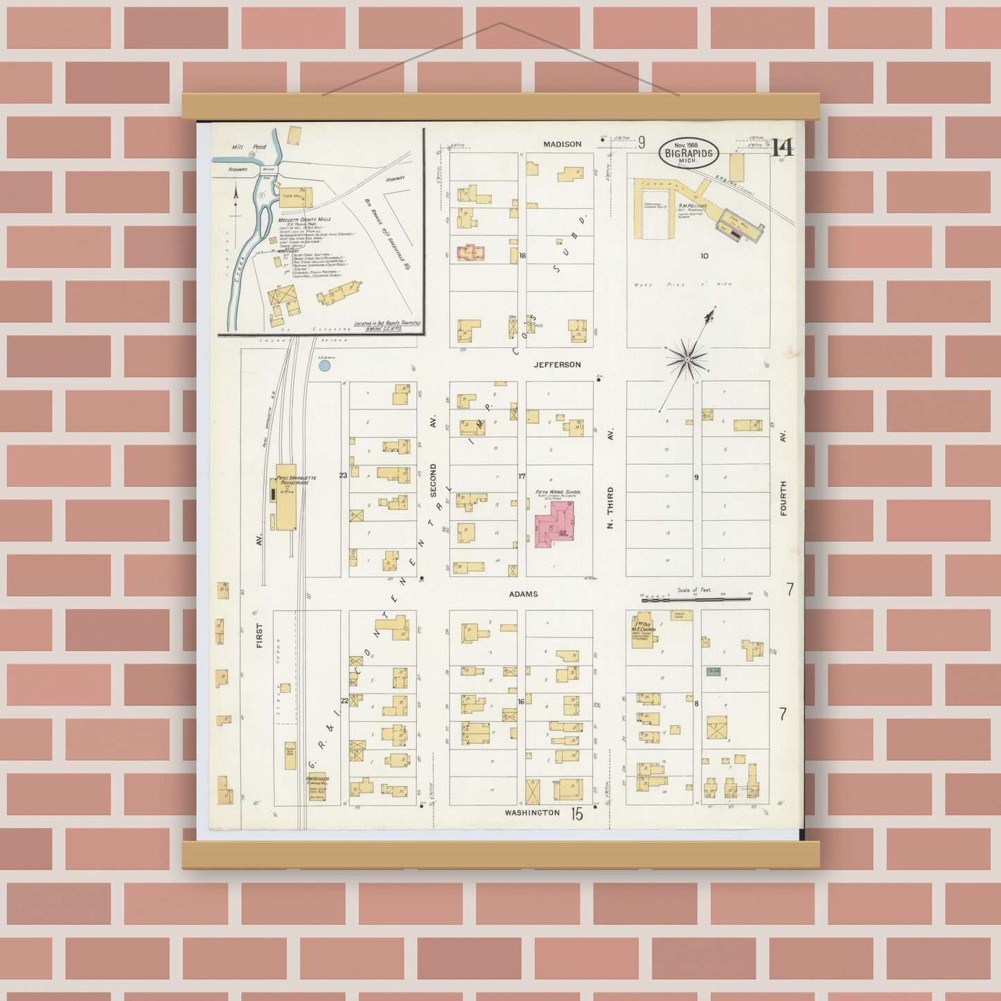 Old map wall art mockup — magnetic wood frame on brick wall — Sanborn Fire Insurance Map from Big Rapids, Mecosta County, Michigan (1908), Sheet #0014