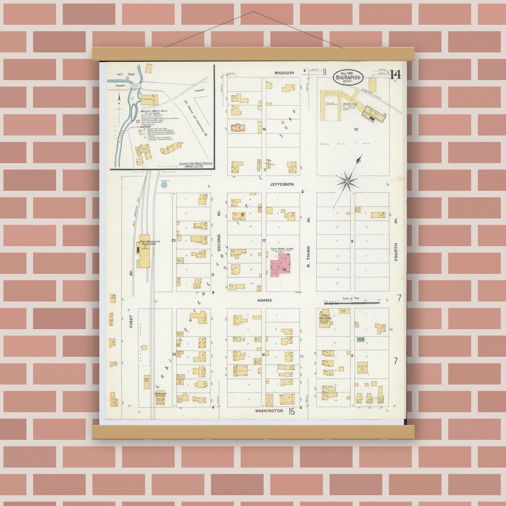 Old map wall art mockup — magnetic wood frame on brick wall — Sanborn Fire Insurance Map from Big Rapids, Mecosta County, Michigan (1908), Sheet #0014