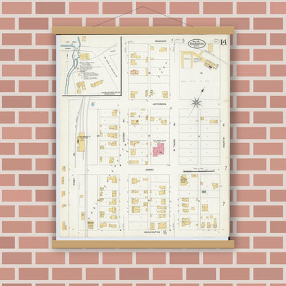 Old map wall art mockup — magnetic wood frame on brick wall — Sanborn Fire Insurance Map from Big Rapids, Mecosta County, Michigan (1908), Sheet #0014