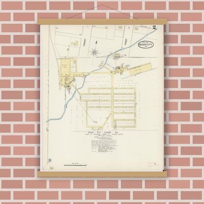 Old map wall art mockup — magnetic wood frame on brick wall — Sanborn Fire Insurance Map from Queen City, Cass County, Texas (1890), Sheet #0002