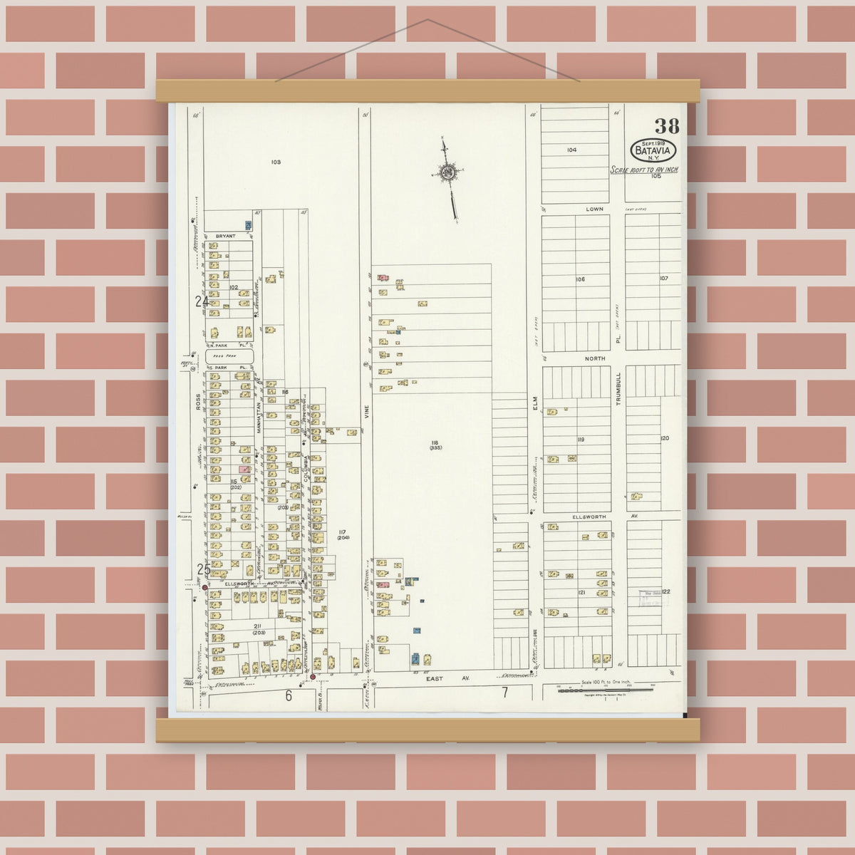Old map wall art mockup — magnetic wood frame on brick wall — Sanborn Fire Insurance Map from Batavia, Genesee County, New York (1919), Sheet #0038