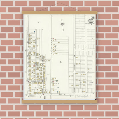 Old map wall art mockup — magnetic wood frame on brick wall — Sanborn Fire Insurance Map from Batavia, Genesee County, New York (1919), Sheet #0038