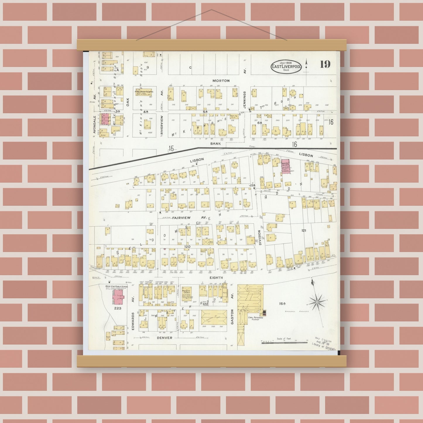 Old map wall art mockup — magnetic wood frame on brick wall — Sanborn Fire Insurance Map from East Liverpool, Columbiana County, Ohio (1908), Sheet #0019