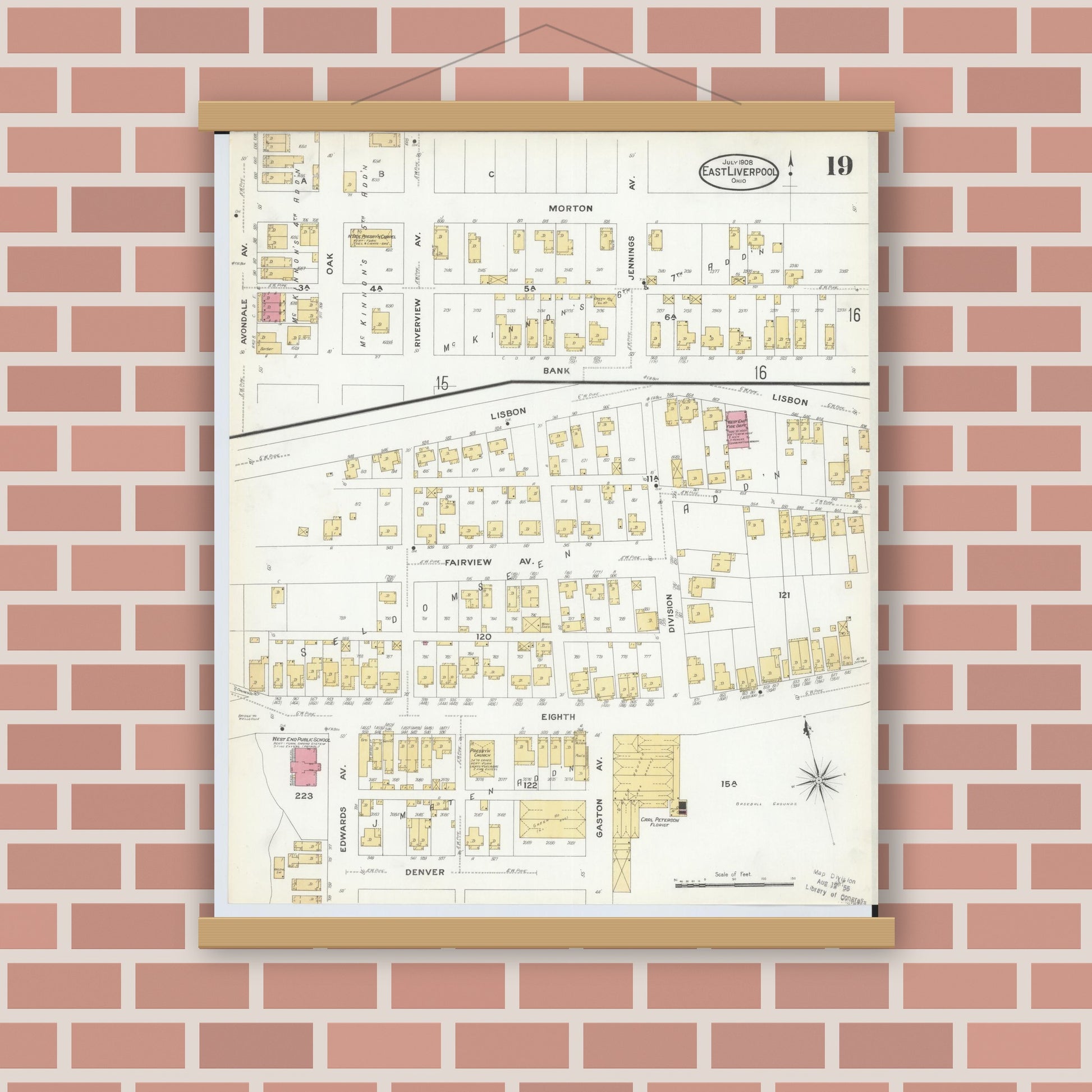 Old map wall art mockup — magnetic wood frame on brick wall — Sanborn Fire Insurance Map from East Liverpool, Columbiana County, Ohio (1908), Sheet #0019