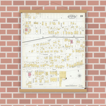 Old map wall art mockup — magnetic wood frame on brick wall — Sanborn Fire Insurance Map from East Liverpool, Columbiana County, Ohio (1908), Sheet #0019