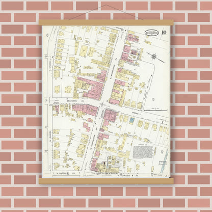 Old map wall art mockup — magnetic wood frame on brick wall — Sanborn Fire Insurance Map from Washington, Warren County, New Jersey (1914), Sheet #0010