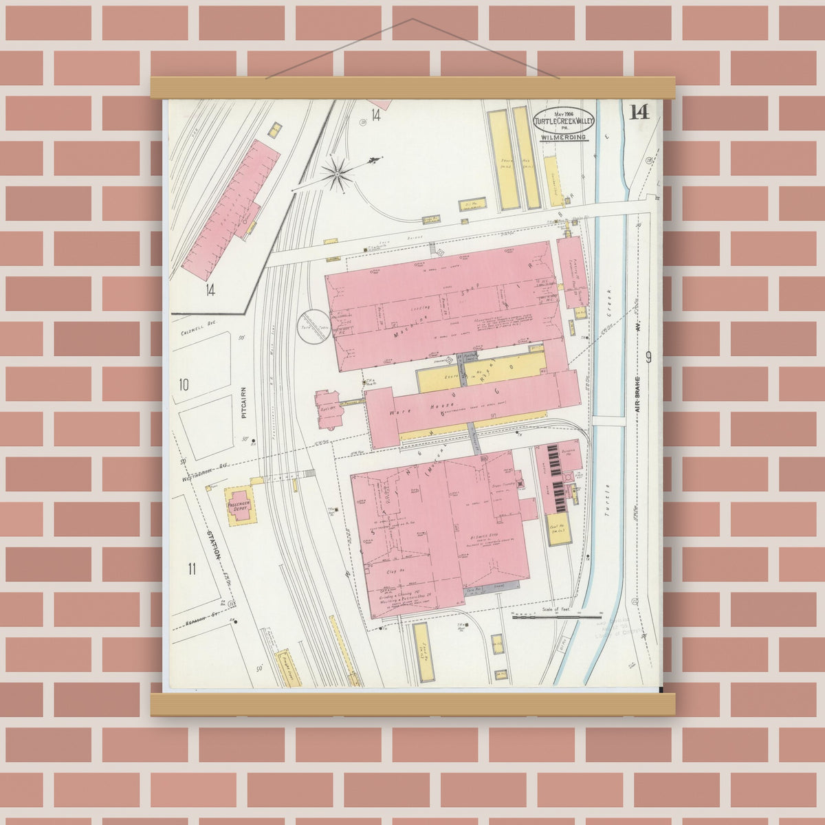 Old map wall art mockup — magnetic wood frame on brick wall — Sanborn Fire Insurance Map from Turtle Creek Valley, Allegheny County, Pennsylvania (1906), Sheet #0014