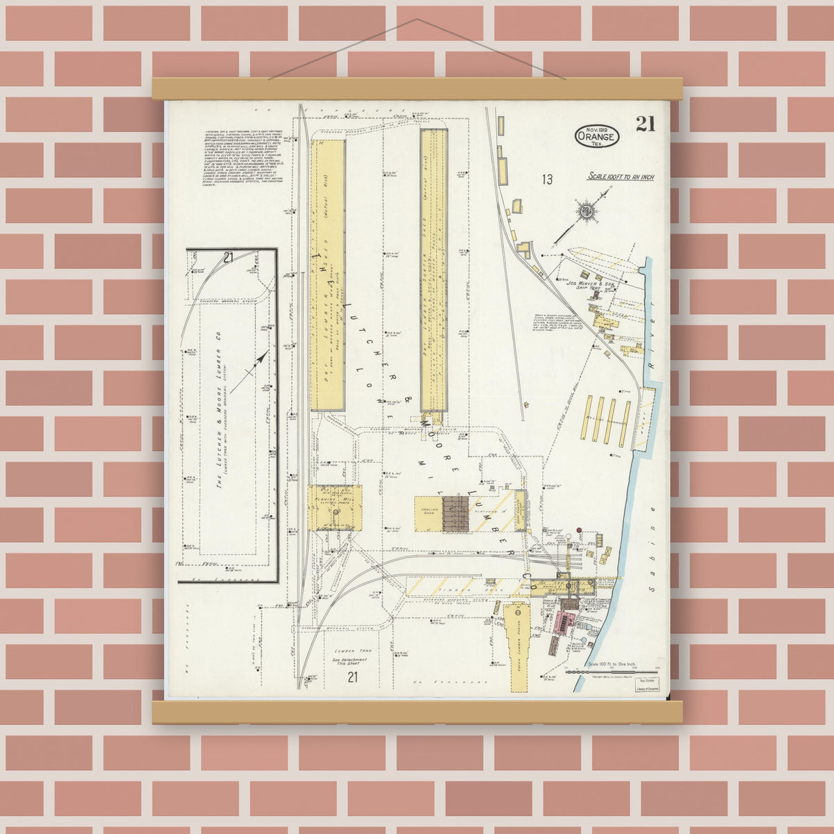 Old map wall art mockup — magnetic wood frame on brick wall — Sanborn Fire Insurance Map from Orange, Orange County, Texas (1919), Sheet #0021